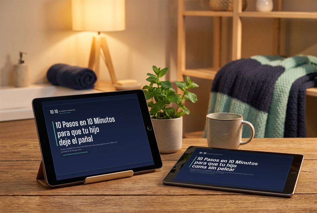 Las dos guías del kit —dejar el pañal y comer sin pelear— en dos tablets, en un hogar cálido.